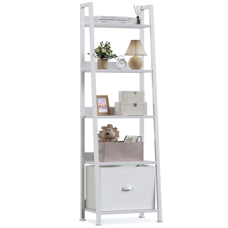 Leaning Storage Shelf White Metal 5-Tier Textured Fabric Drawer