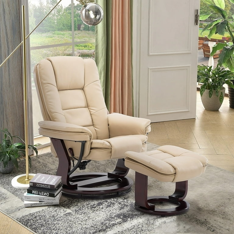 Leather-Like Pedestal Recliner and Ottoman Set with Wood Base