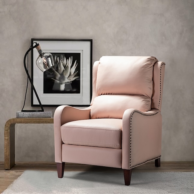 Leather-Like Recliner with Nailhead Trim, Blush Pink Wingback
