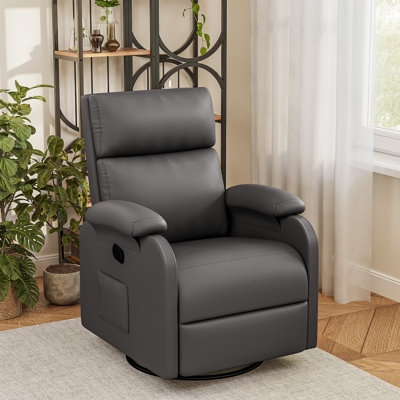 Leather Look Swivel Recliner with Side Pocket and Matte Finish