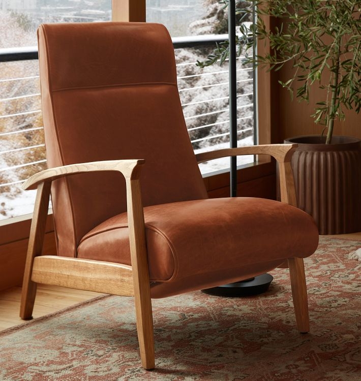 Leather Recliner Chair Cognac Sculptural Oak Curved Arms