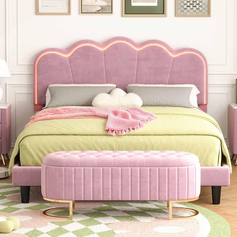 LED Headboard Platform Bed with Matching Storage Ottoman