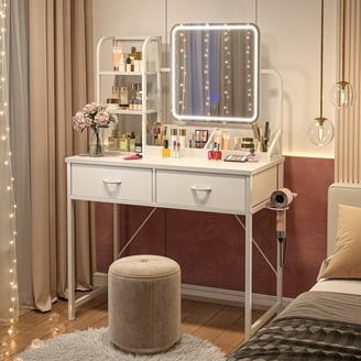 LED Mirror Makeup Station with Tiered Shelving Unit and Holder
