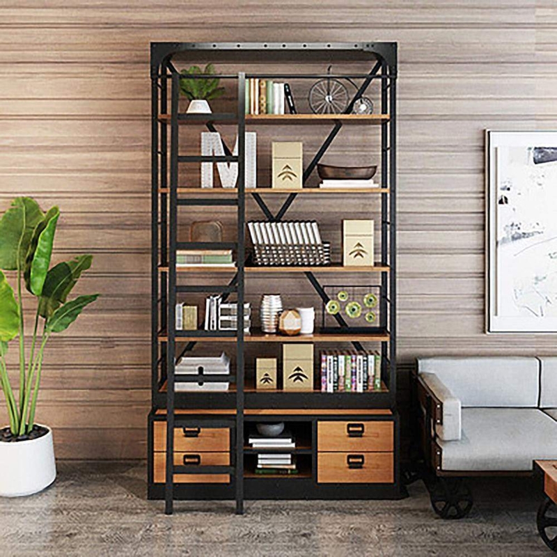 Library Bookcase Black Metal Wood Frame 4 Drawers Integrated Ladder