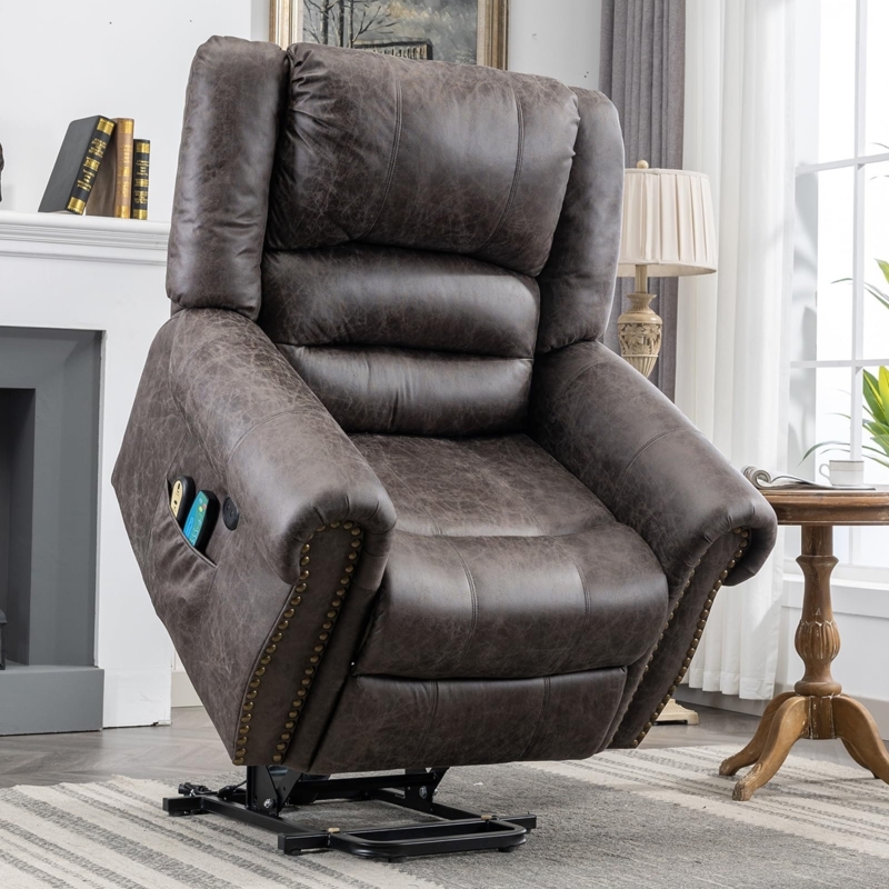 Lift Assist Recliner Dark Brown Distressed Leather-Like with Nailhead