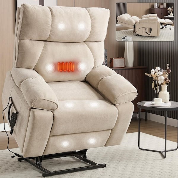 Lift Chair Beige Chenille Integrated Heat Massage Overstuffed