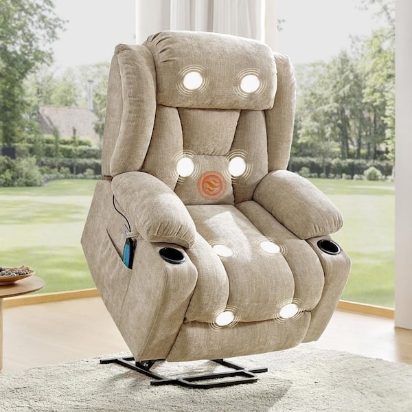 Lift Chair Beige Fabric Integrated Massage Heat and Dual Cup Holders