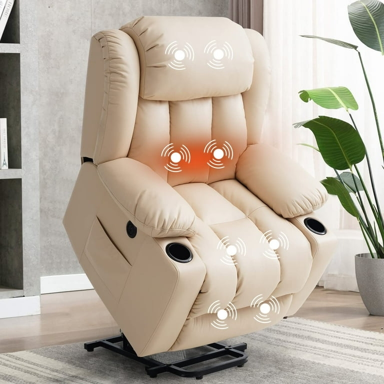 Lift Chair Beige Power Recliner with Massage Heat and Cup Holders