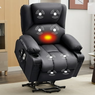Lift Chair Black Leather Power Massage Heat Cup Holders Contemporary