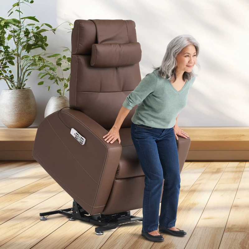 Lift Chair Brown Leather-Like Zero Gravity with Dual Pillow Headrest
