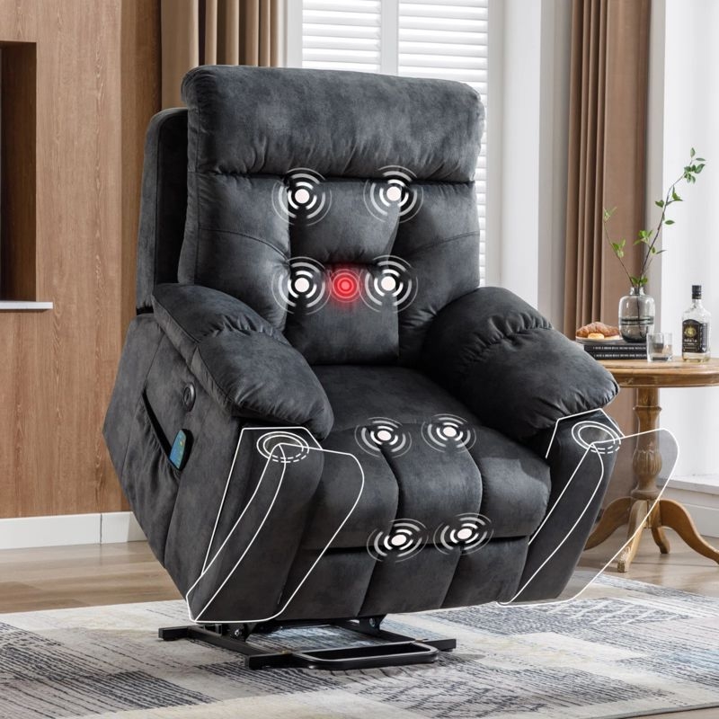 Lift Chair Charcoal Grey Suede-like with Integrated Massage Points
