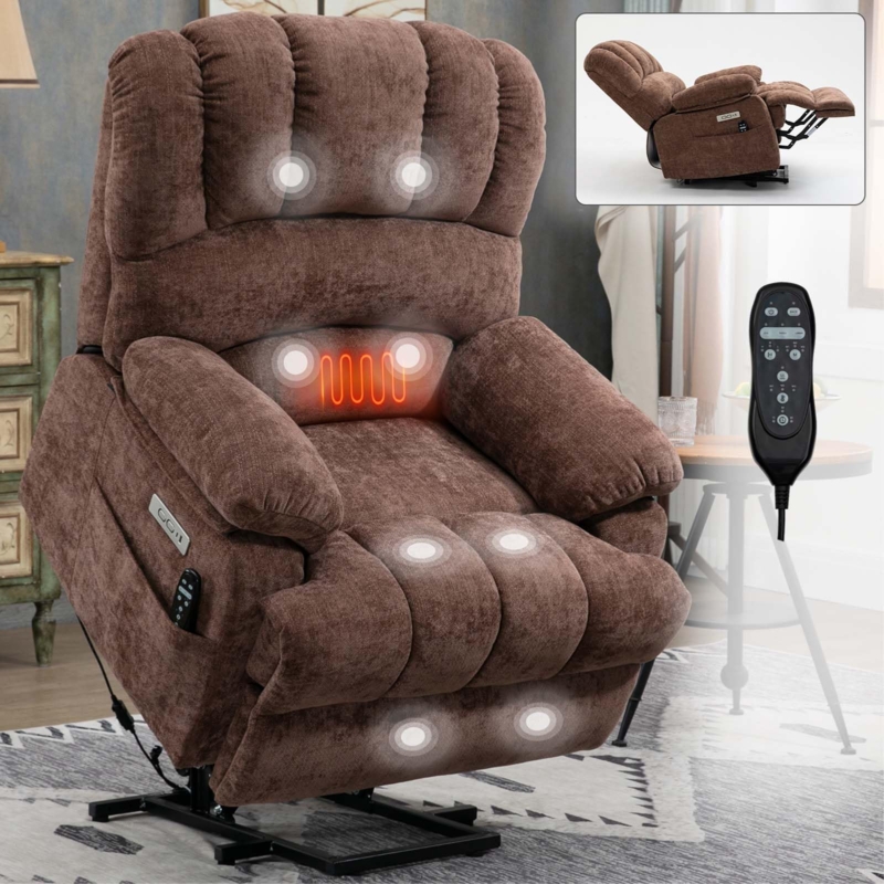 Lift Chair Dark Brown Chenille Overstuffed Design With Heat Massage