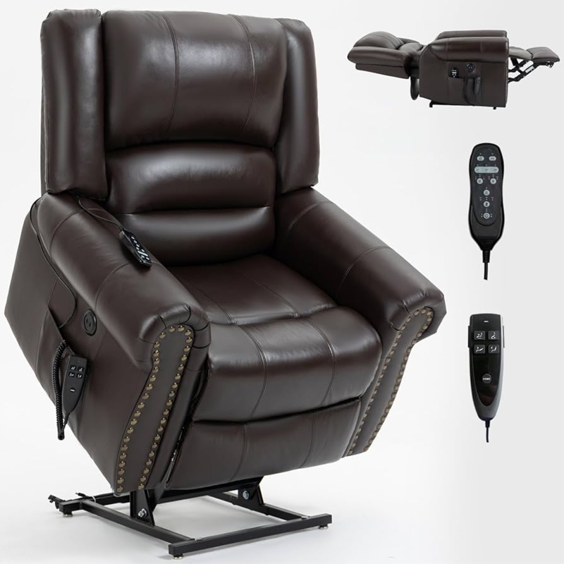Lift Chair Dark Brown Leather-Like Nailhead Trim Dual Motors