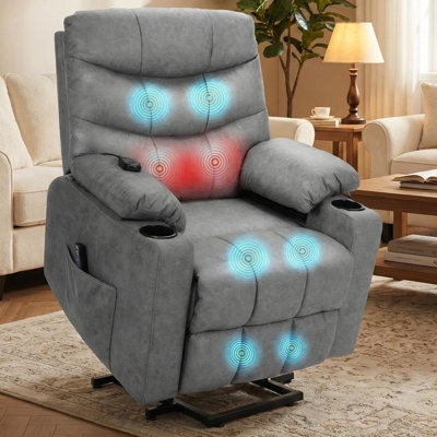 Lift Chair Gray Heated Massage Power Assist Recliner With Cup Holders