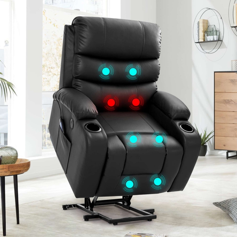 Lift Chair Recliner Massage Heat Cup Holders Black Leather-Like