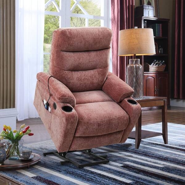Lift Chair Rose Fabric Power Base Integrated Cup Holders Traditional