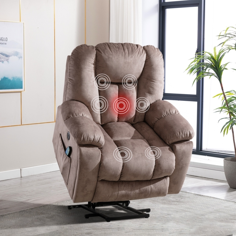 Lift Chair Taupe Brown Velvety Fabric with Integrated Massage Nodes