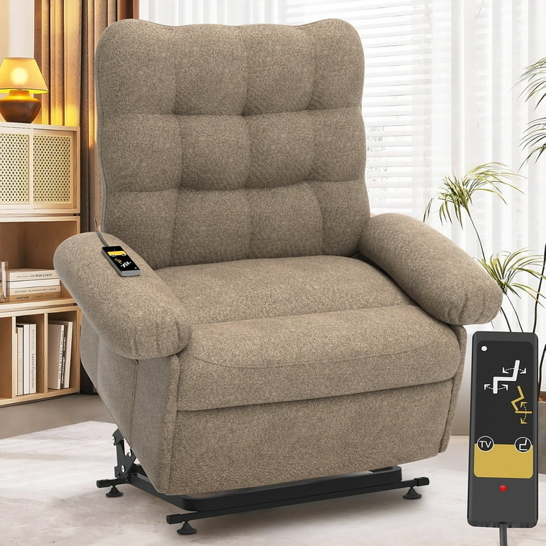 Lift Chair Taupe Woven Fabric Tufted Back Modern Power Recliner