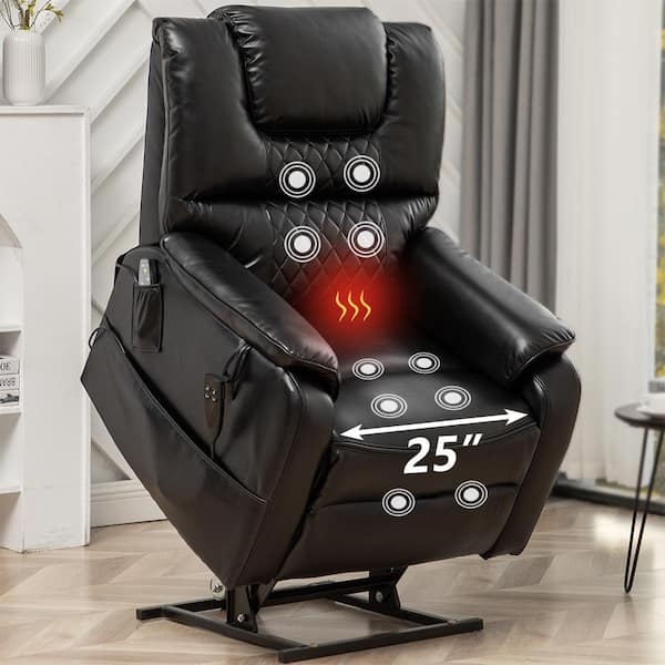 Lift Recliner Black Leather-Like Diamond Stitching Massage Heat