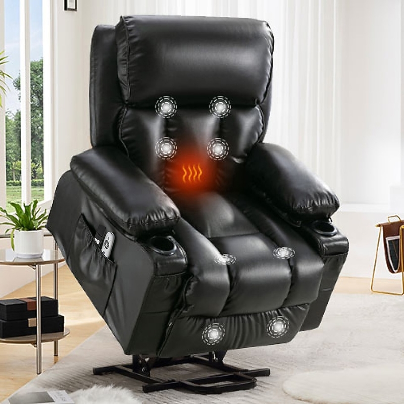 Lift Recliner Black Power Chair with Massage Heat and Cup Holders