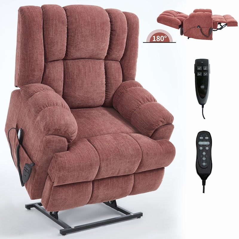 Lift Recliner Brick Red Chenille 180 Degree Lay Flat Dual Remotes