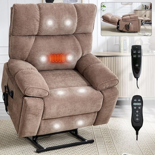 Lift Recliner Brown Chenille Dual Remote Interface Massage Heat