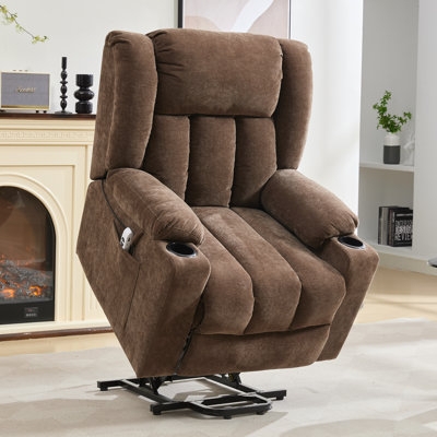 Lift Recliner Chair Brown Fabric Vertical Channeling Dual Cup Holders