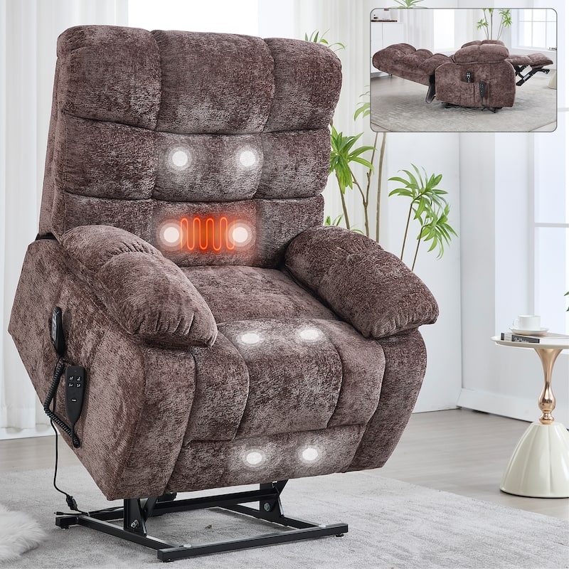 Lift Recliner Chair Dual Motor Heat Massage Zones Brown Chenille Power