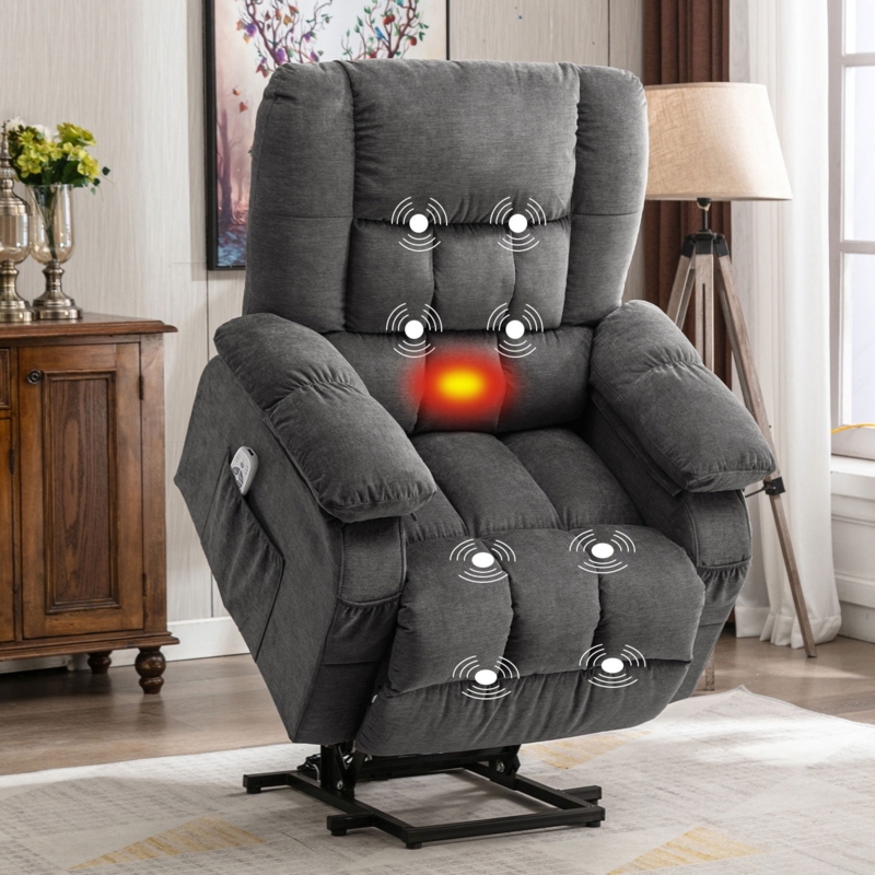 Lift Recliner Charcoal Grey Tufted Back Heat Massage Wired Remote