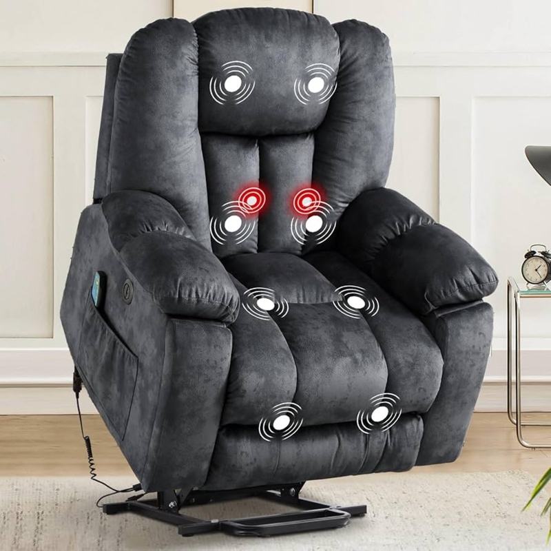 Lift Recliner Charcoal Overstuffed Arms Massage Heat Power Port