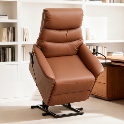 Lift Recliner Cognac Leather-Like Phone Holder Tiered Back