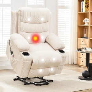 Lift Recliner Cream Corduroy Ribbed Texture Integrated Cup Holders