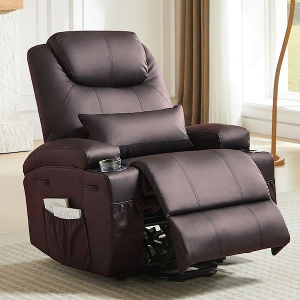 Lift Recliner Dark Brown Leather-Like Upholstery Lumbar Pillow