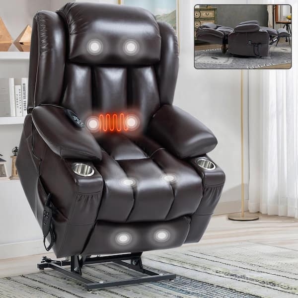 Lift Recliner Dark Brown Leather Like With Cup Holders Lumbar Heat