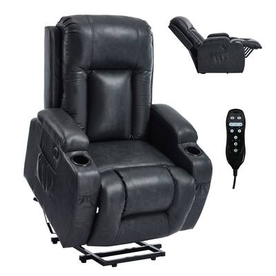Lift Recliner Dark Gray Leather Like Side Pockets Cup Holders