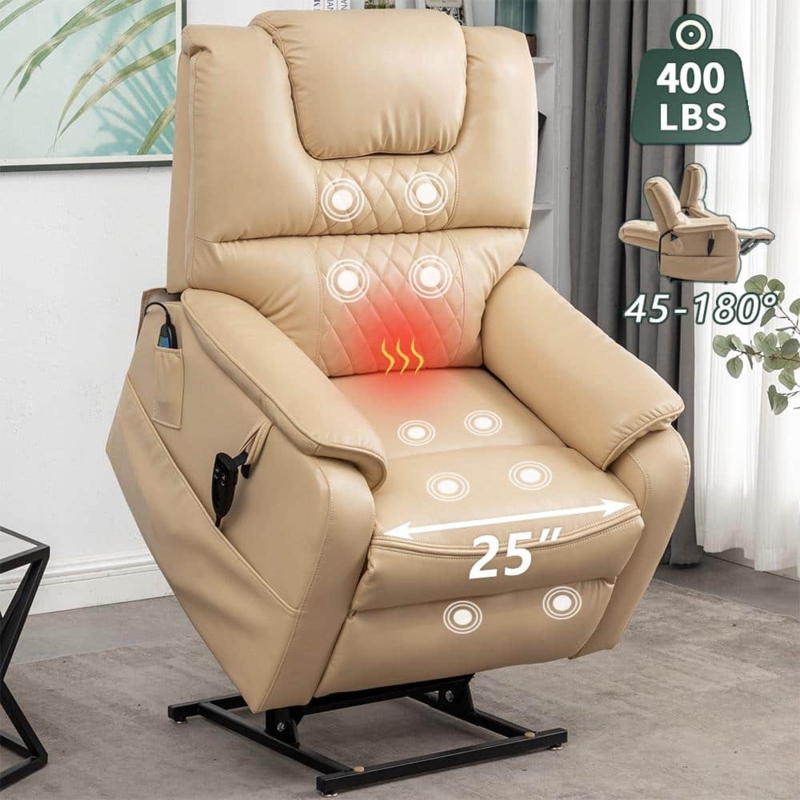 Lift Recliner Diamond Quilted Back Massage Points Beige Leather-Like