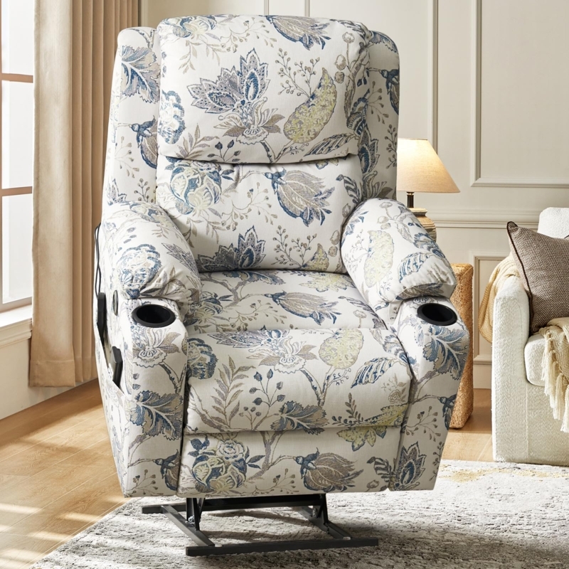 Lift Recliner in Blue and Cream Botanical Floral Pattern