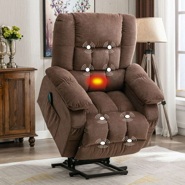 Lift Recliner in Brown Fabric featuring Heated Massage & Tufted Back