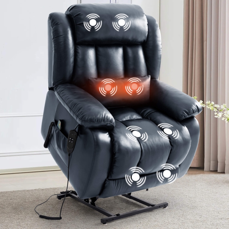 Lift Recliner Navy Blue Leather Like Massage Heat Icons Power Lift