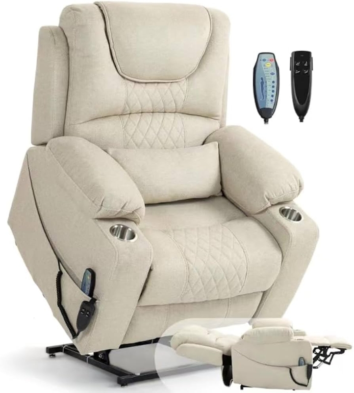 Lift Recliner Off White Diamond Quilting Integrated Cupholders