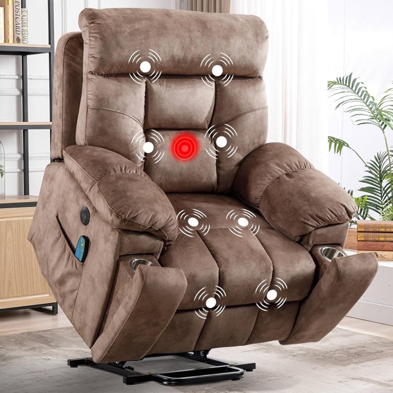 Lift Recliner Taupe Microfiber With Dual Cup Holders Heat And Massage