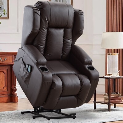 Lift Recliner Wingback Silhouette Cup Holders Dark Brown Leather-Like