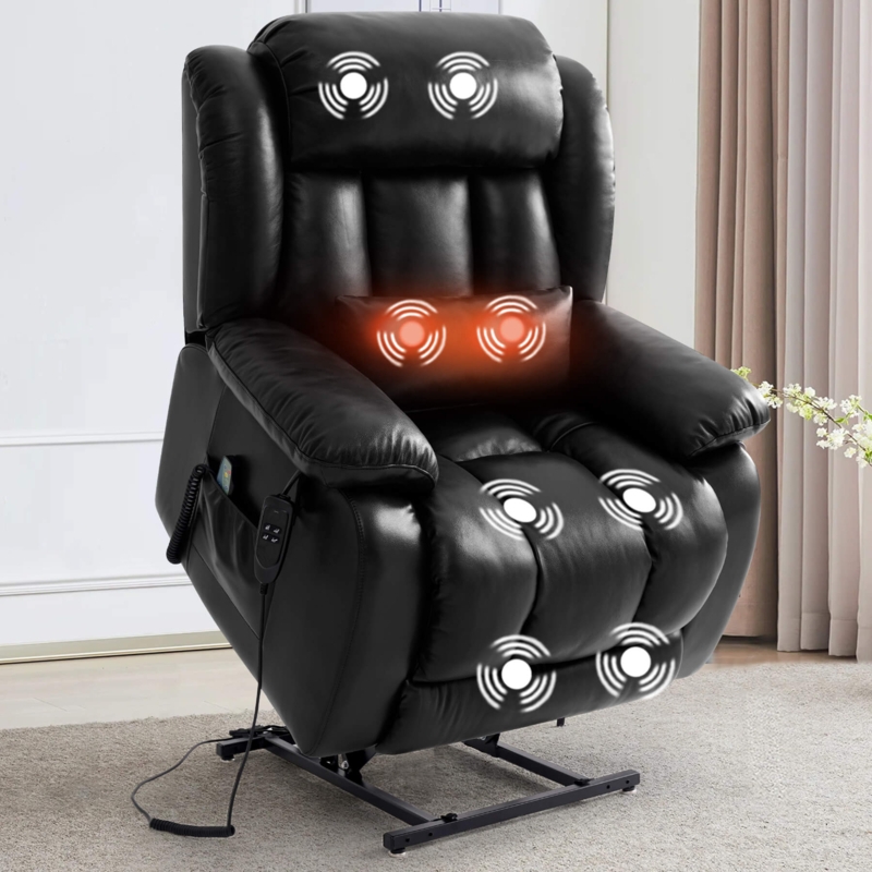 Lift Recliner with Heated Massage Zones, Black Leather Power Chair