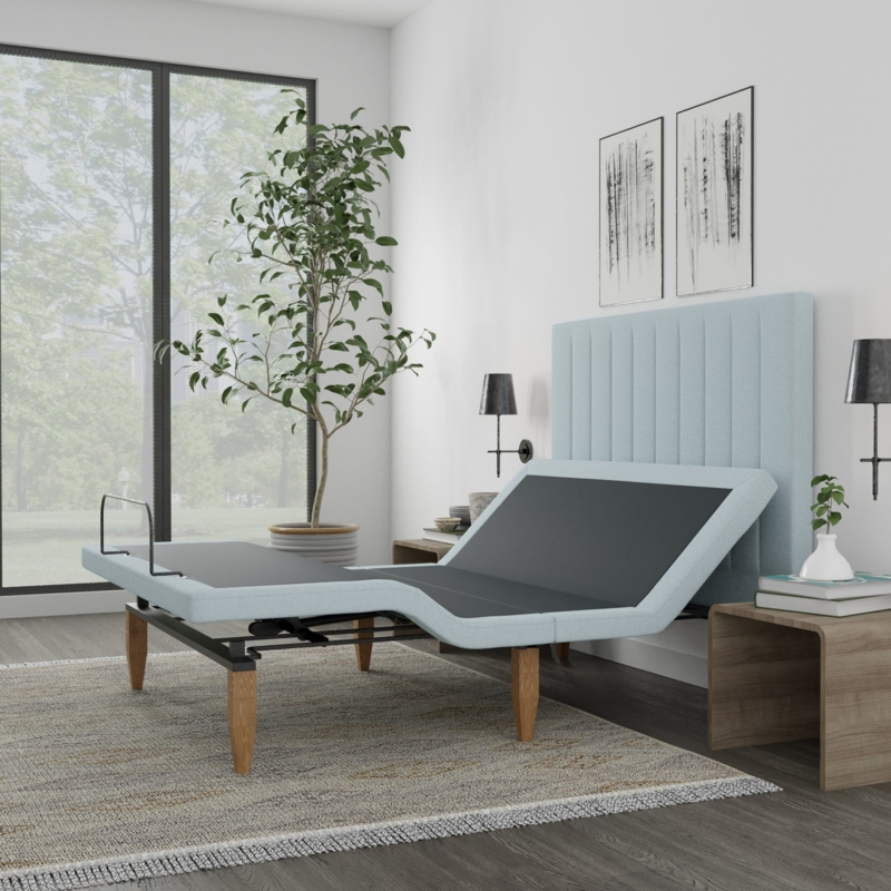 Light Blue Adjustable Bed Base with Vertical Channel Headboard