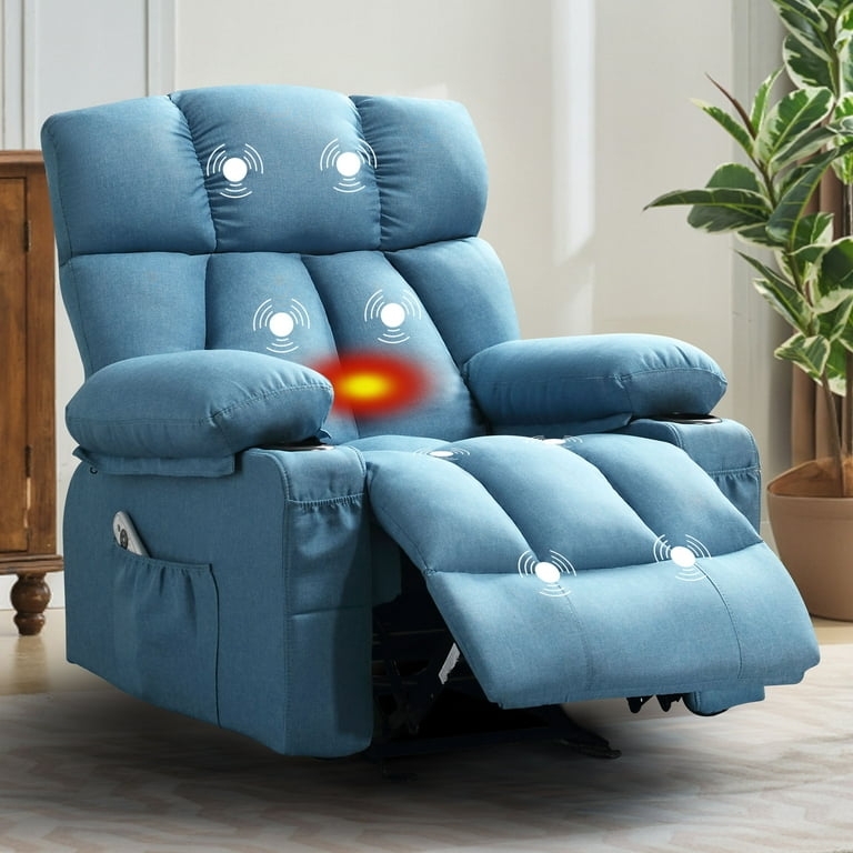 Light Blue Massage Recliner With Integrated Cup Holders