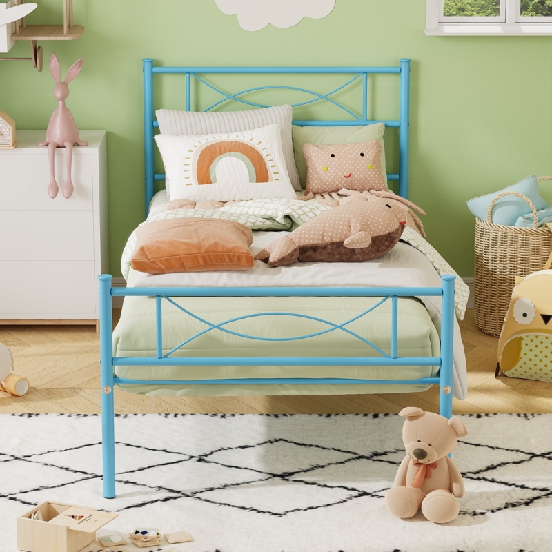 Light Blue Metal Kids Bed with Whimsical Bowknot Headboard Design
