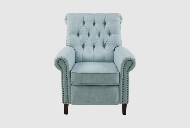 Light Blue Tufted Fabric Recliner with Nailhead Trim and Rolled Arms
