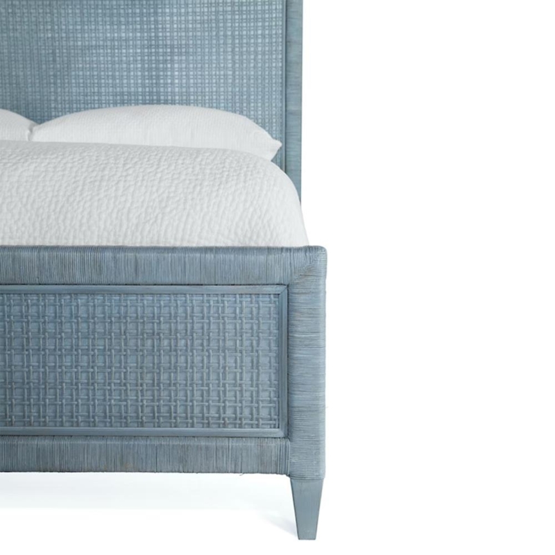 Light Blue Woven Bed Frame: Tapered Legs, Mitered Corners, Coastal Style.