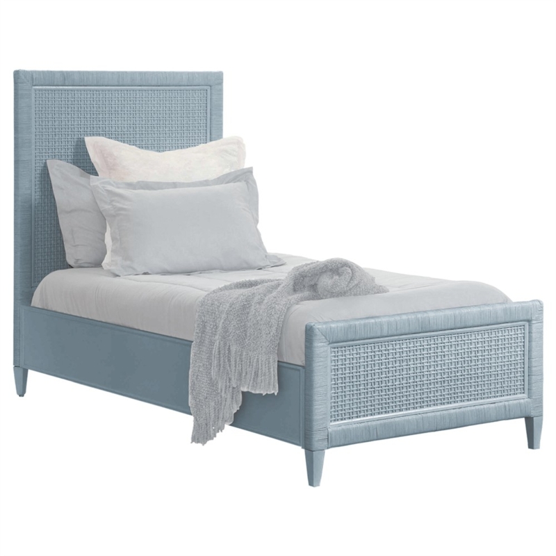 Light Blue Woven Rattan Twin Bed, Tall Headboard, Coastal Style Frame.