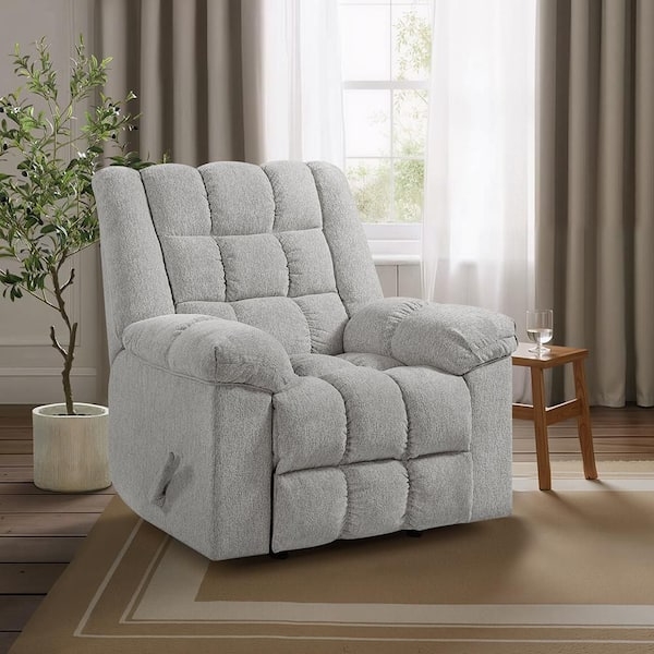 Light Gray Chenille Rocker Recliner with Channeled Tufting Detail